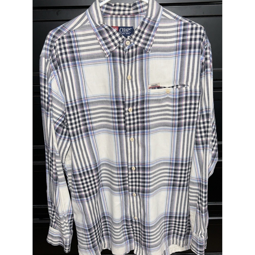 Chaps Brushed Flannel Men's M Shirt Long Sleeve White & Blue Classic 100% Cotton